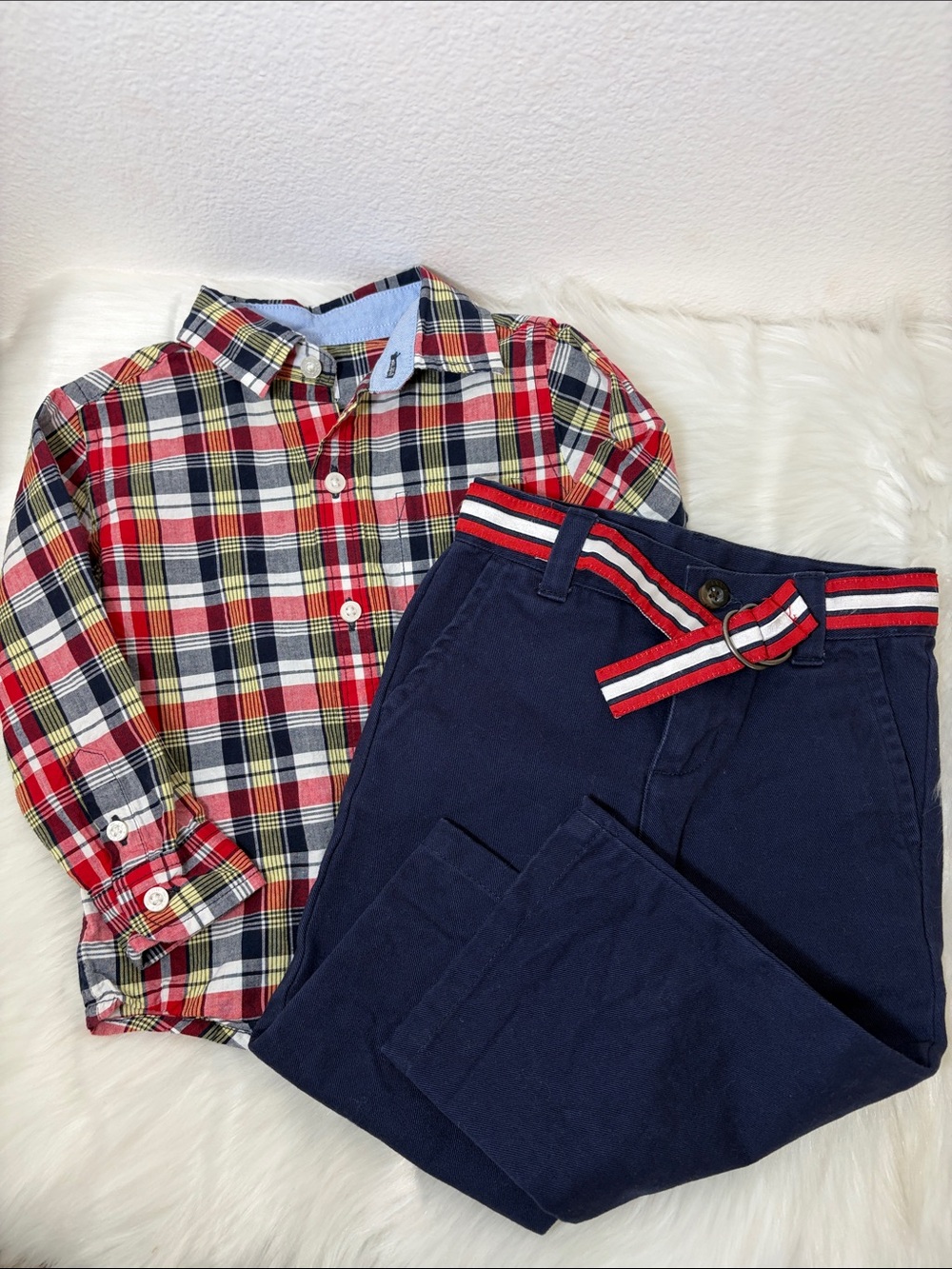 Janie and Jack Cotton Navy Chinos with Red Plaid Button-Down Shirt